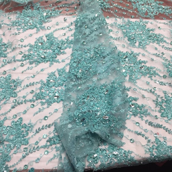 Amazing Floral Beaded Seqins On Mesh Fabric With Gems By The Yard Used For -Dress-Bridal-Fashion-Prom [Aqua] Free Shipping!!!