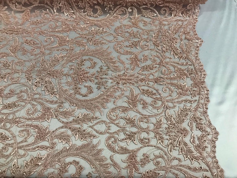 Free Shipping!!! Royal Damask Wings Heavy Beaded On Mesh Fabric By The Yard Used For Dress-Bridal-Fashion-Decor Peach