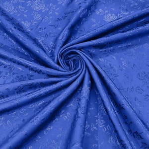 Royal Blue Polyester Flower Brocade Jacquard Satin Fabric, Sold By The Yard.