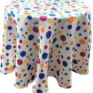 Happy Birthday Tablecloth Multi Color Polka Dot Satin Tablecloth (Round, Multi Color Dot on White) Choose Size Below