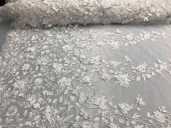 3D Embroidery Floral Stars Lace on Mesh Fabric With Pearls by the Yard ...