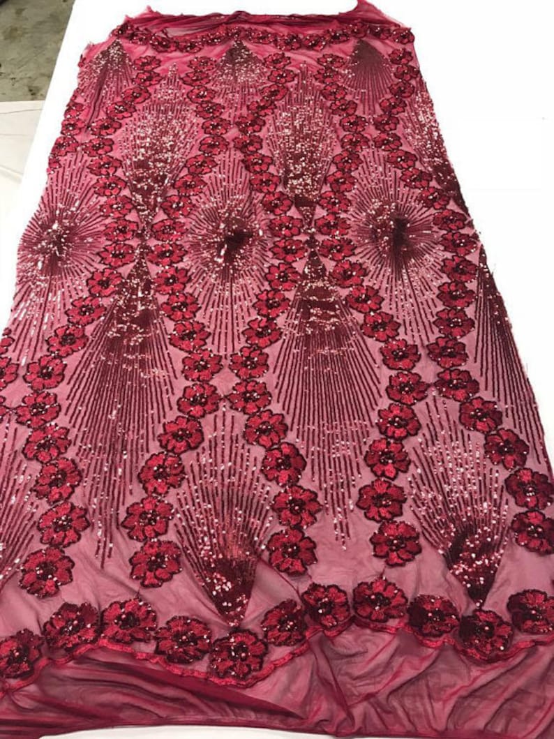 Diamond Floral Splendor Sequins On Stretch Mesh Fabric By The Yard Used For Dress-Bridal-Decorations Burgundy FREE SHIPPING!!!