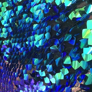 May include: A close-up of iridescent blue and green sequins on a black mesh fabric. The sequins are arranged in a pattern that resembles scales.