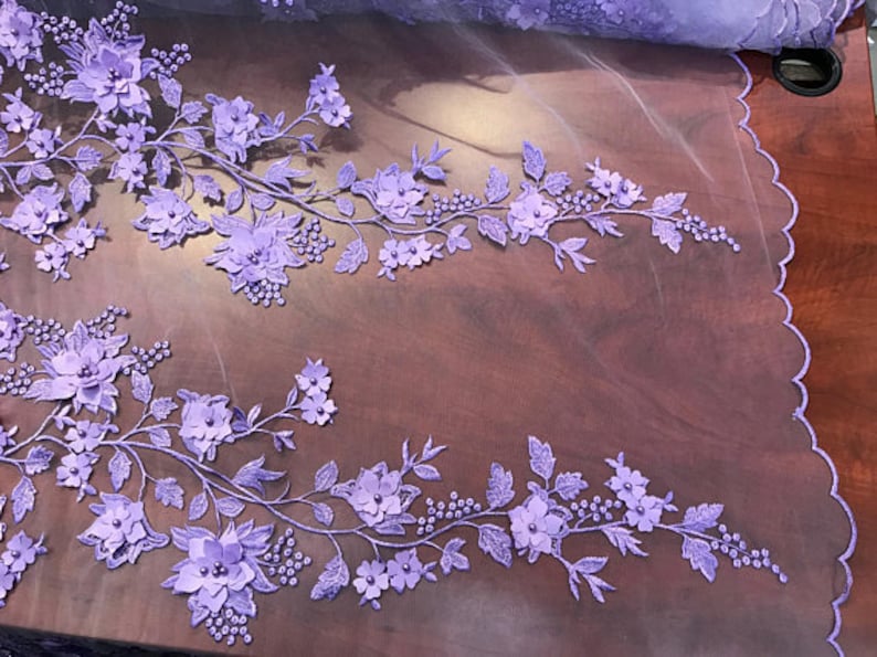 3D Embroidery Floral Stars Lace on Mesh Fabric With Pearls by the Yard ...