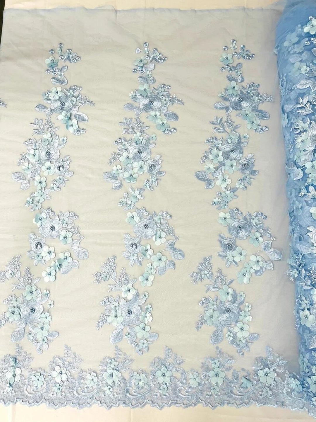 3D floral design embroider with pearls in a mesh lace-sold by the yard. Bright Orange main image 1