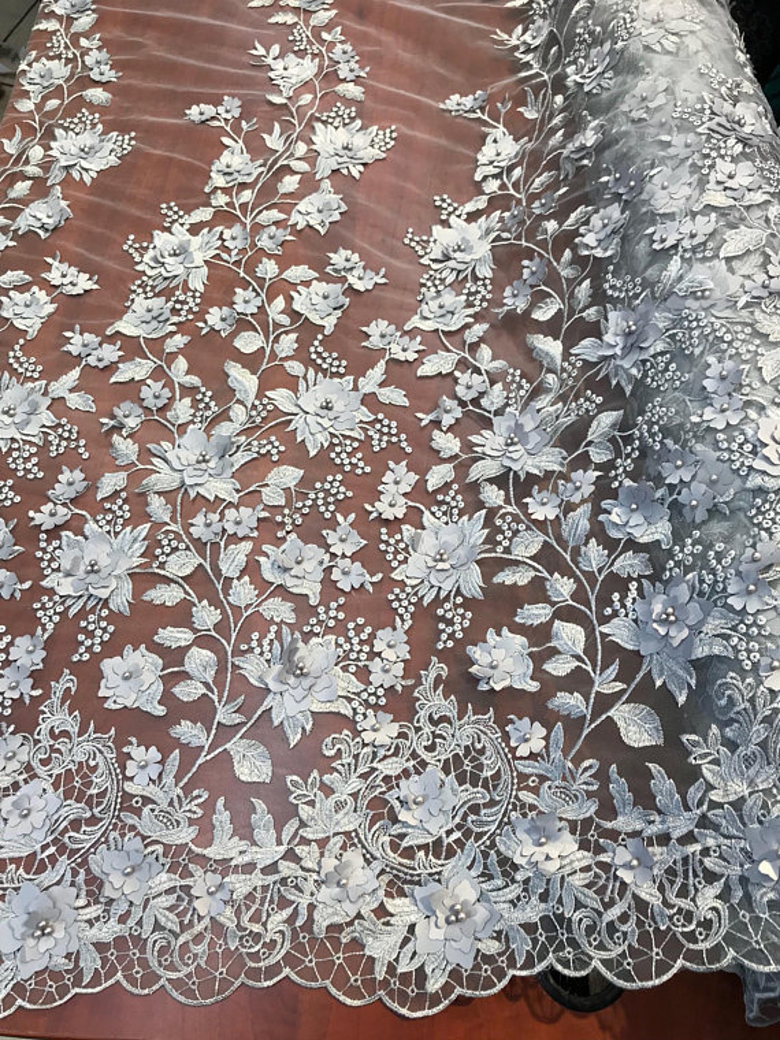 3D Embroidery Floral Stars Lace on Mesh Fabric With Pearls by the Yard ...