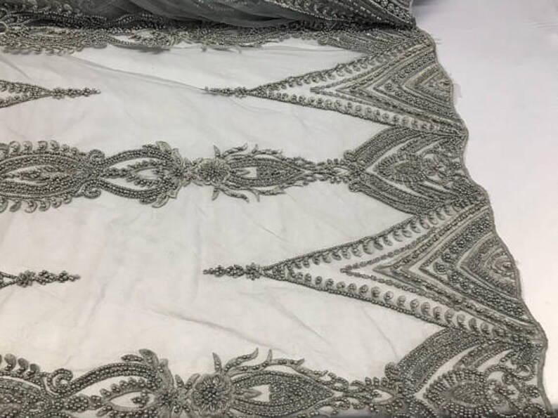 Dress-Accessories-Bridal-Nightgown-Prom FREE SHIPPING!!! Geometric Diva Heavy Beaded On Mesh Fabric By The Yard Used For Gray