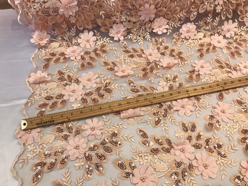 Dress-Bridal-Decorations 3D Dreamy Floral Pearl Lace Sequins On Mesh Fabric By The Yard Used For FREE SHIPPING!!! Peach Blush