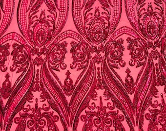 Damask Design Sequins Embroider on a 4 Way Stretch Mesh Fabric- Sold by The Yard. Fuchsia