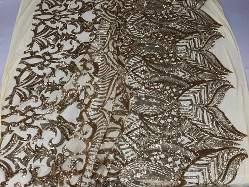 FREE SHIPPING!!! Exotic Diva Fashion Embroider Sequins Fabric By The Yard Elastic Used For Gold Dress-Bridal-Decorations