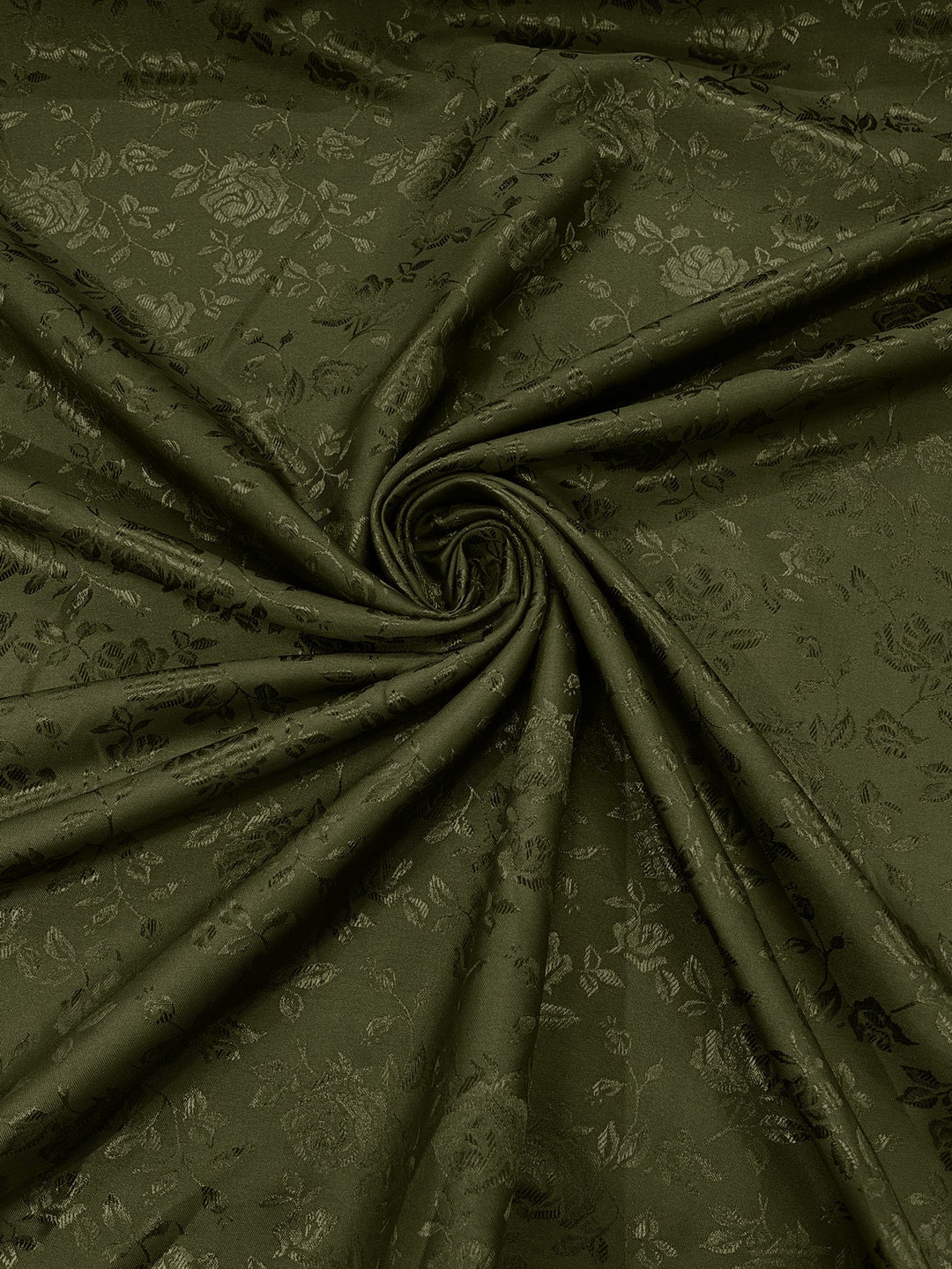 Olive Green Polyester Flower Brocade Jacquard Satin Fabric, Sold