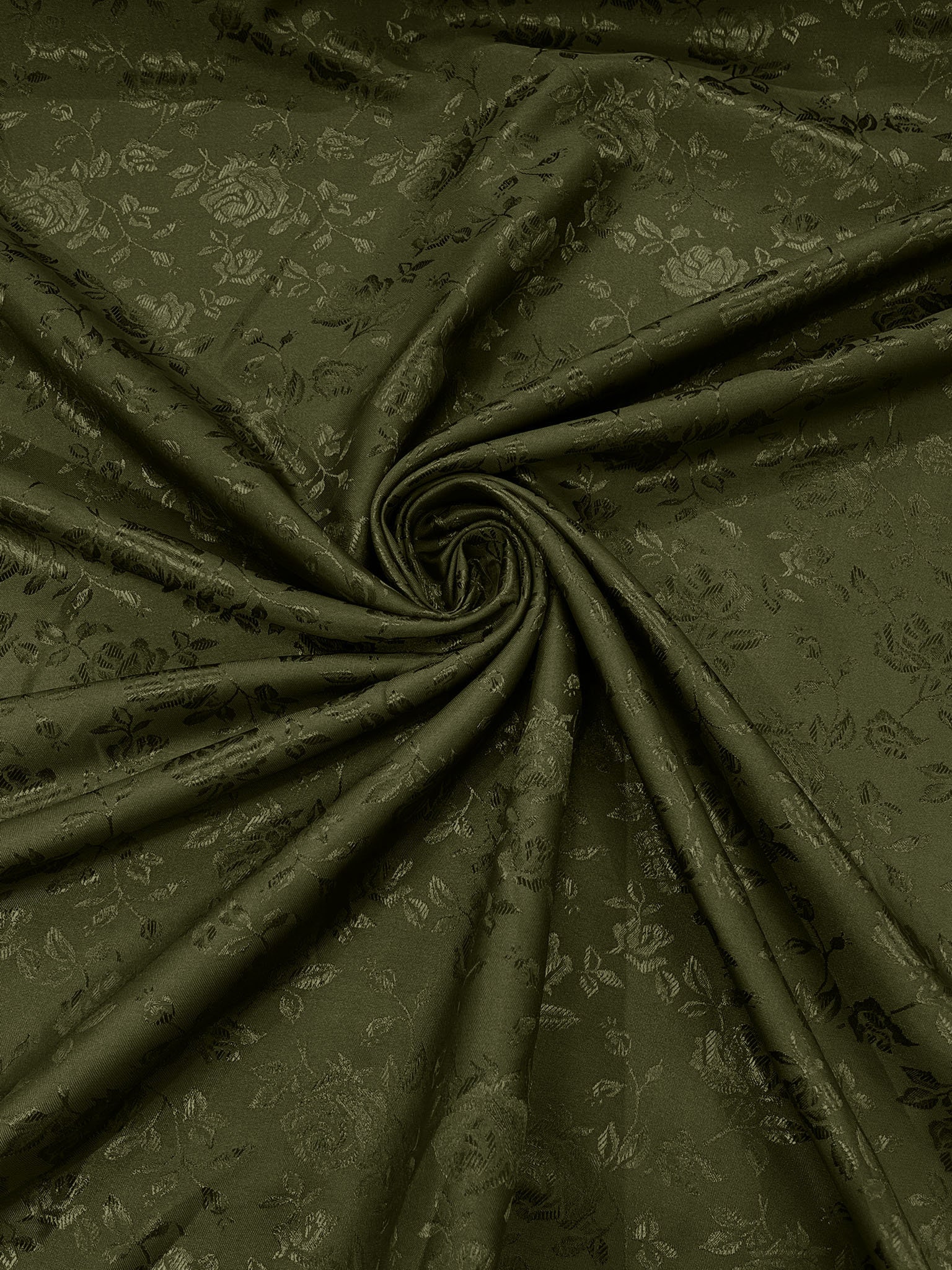 Olive Green Polyester Flower Brocade Jacquard Satin Fabric, Sold