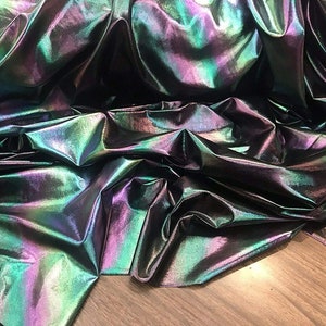 54&quot; Wide Faux Leather Vinyl 4 Way Stretch Spandex Dance Wear Fabric by The Yard (Oil Spill, REFRACTIVE Hologram)