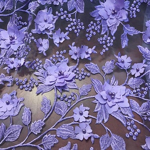 3D Embroidery Floral Stars Lace on Mesh Fabric With Pearls by the Yard ...
