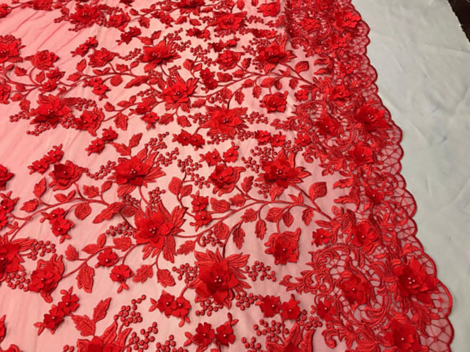 3D Embroidery Floral Stars Lace on Mesh Fabric With Pearls by the Yard ...