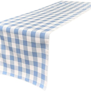 Polyester Poplin Gingham, Checkered, Plaid Table Runner (White & Light Blue,, Choose Size Below