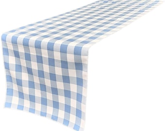 Polyester Poplin Gingham, Checkered, Plaid Table Runner (White & Light Blue,, Choose Size Below