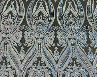 Geometric Shiny Design Sequins Embroider on a 4 Way Stretch Mesh Fabric- Sold by The Yard. Purple Iridescent main image 1