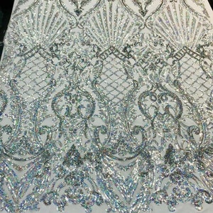 Geometric Damask Sequins On Stretch Power Mesh Fabric By The Yard Used For -Dress-Bridal-Decorations [Silver iridescent] FREE SHIPPING!!!