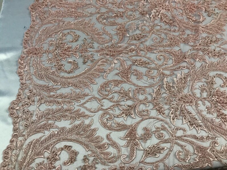 Free Shipping!!! Royal Damask Wings Heavy Beaded On Mesh Fabric By The Yard Used For Dress-Bridal-Fashion-Decor Peach