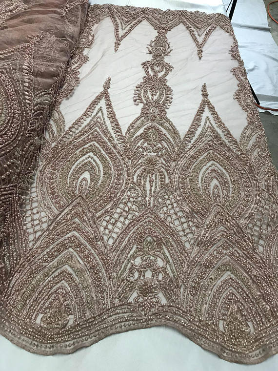 Geometric Diva Heavy Beaded On Mesh Fabric By The Yard Used For -Dress-Accessories-Bridal-Nightgown-Prom [Dusty Rose] main image 1
