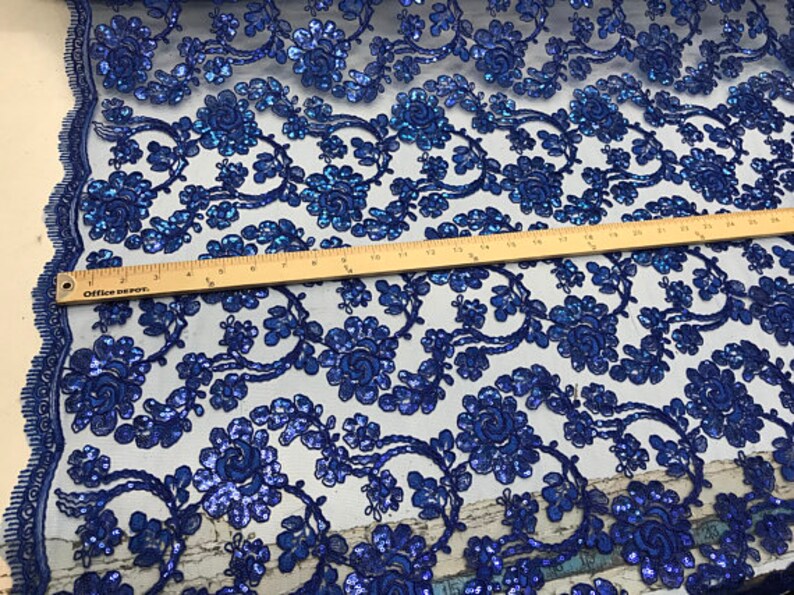Dress-Bridal-Fashion Royal Blue Forbidden Flowers With Sequins Corded Lace On Mesh Fabric By The Yard Used For FREE SHIPPING!!!