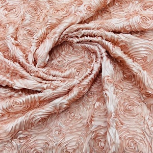 3D Rosette Embroidery Satin Rose Flowers Floral on a satin Fabric by the yard. Blush Pink
