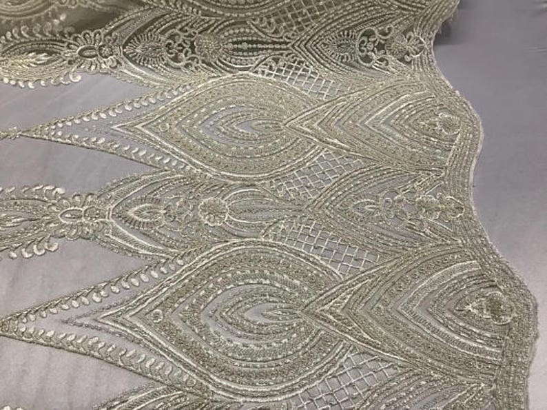 Geometric Diva Heavy Beaded On Mesh Fabric By The Yard Used For -Dress-Accessories-Bridal-Nightgown-Prom [White]