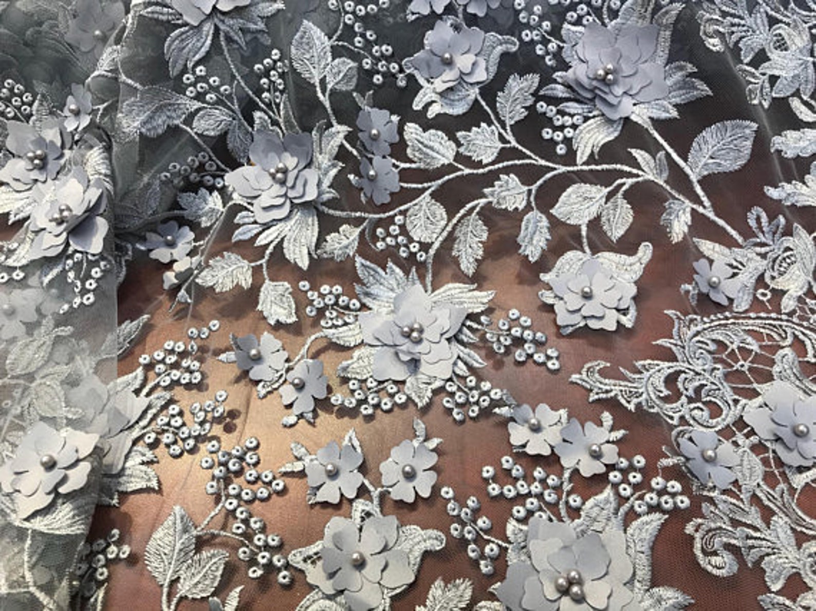 3D Embroidery Floral Stars Lace on Mesh Fabric With Pearls by the Yard ...