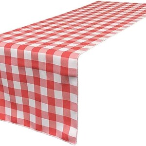 Polyester Poplin Gingham, Checkered, Plaid Table Runner (White & Coral, Choose Size Below