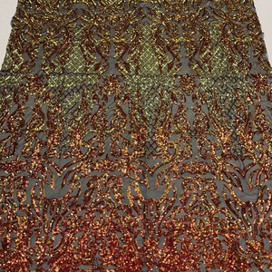 Royalty Fabric Design Sequins Embroider on a 4 Way Stretch Mesh Fabric- Sold by The Yard. Orange