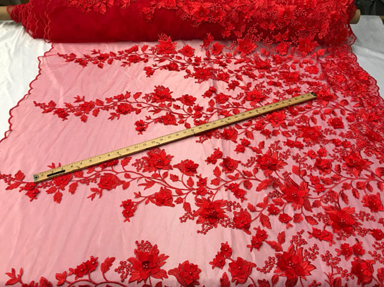 3D Embroidery Floral Stars Lace on Mesh Fabric With Pearls by the Yard ...