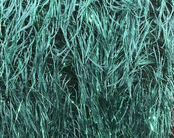 Shaggy Jacquard Faux Ostrich/Eye Lash Feathers Sewing Fringe with Metallic Thread Fabric (1 Yard, Hunter Green)