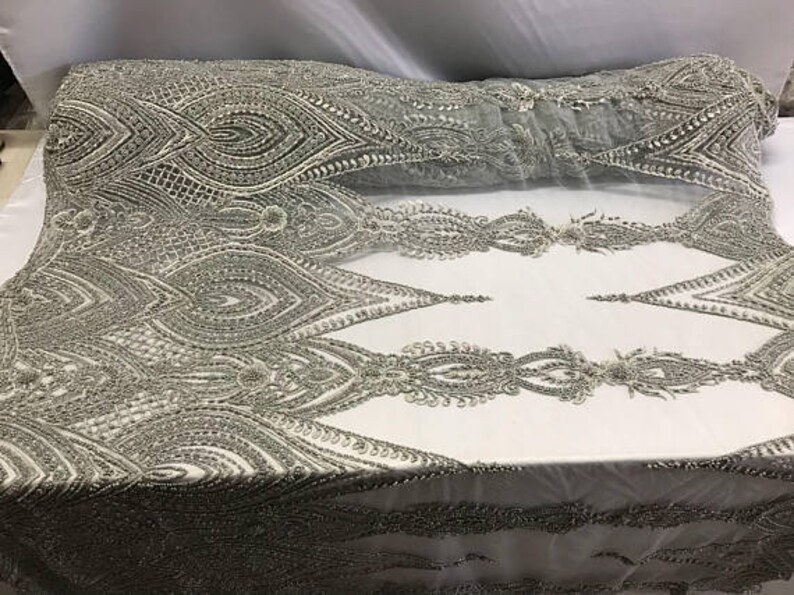 Dress-Accessories-Bridal-Nightgown-Prom FREE SHIPPING!!! Geometric Diva Heavy Beaded On Mesh Fabric By The Yard Used For Gray