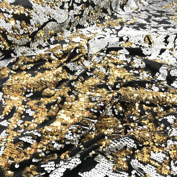 Sequins Flip Two Tone Camouflage Design on a Black Stretch Velvet, Sold by the Yard. Gold/White