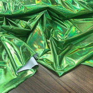 54&quot; Wide Faux Leather Vinyl 4 Way Stretch Spandex Dance Wear Fabric by The Yard (Lime, REFRACTIVE Hologram)