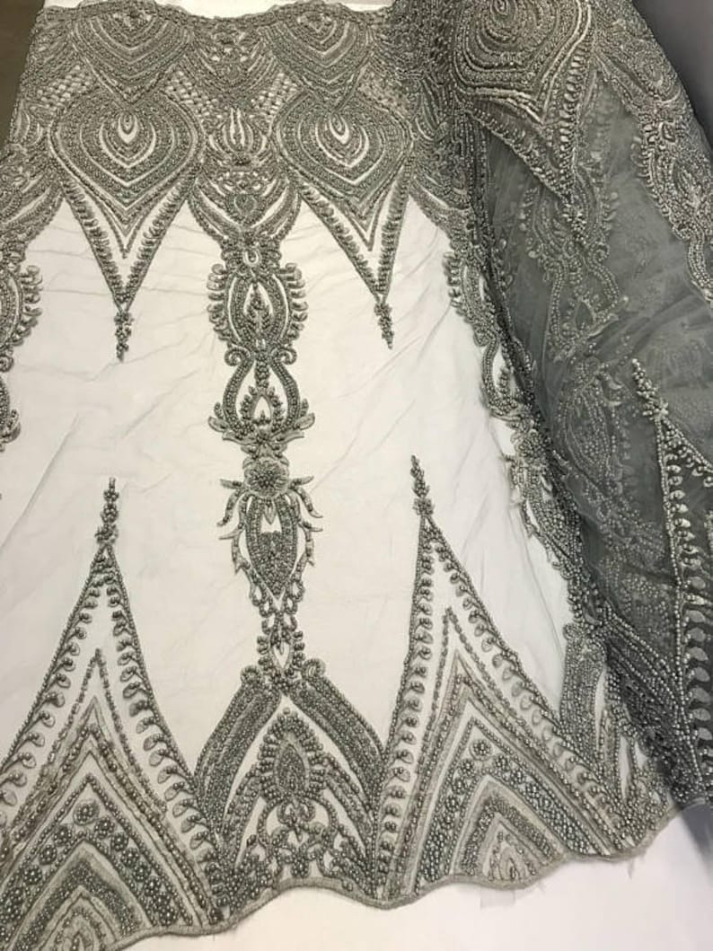 Dress-Accessories-Bridal-Nightgown-Prom FREE SHIPPING!!! Geometric Diva Heavy Beaded On Mesh Fabric By The Yard Used For Gray