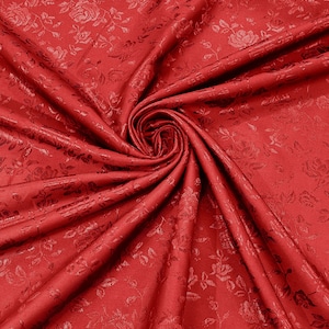 Red Polyester Flower Brocade Jacquard Satin Fabric, Sold By The Yard