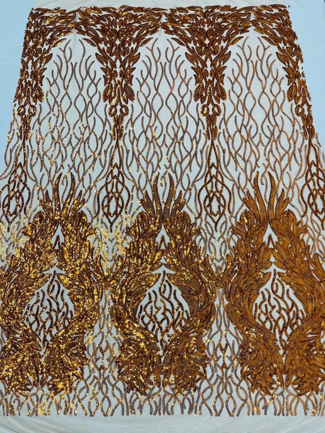 Empire Damask Design with Sequins Embroider On A 4 Way Stretch Mesh Fabric (1 Yard, Clear Aqua Iridescent on Light Nude Mesh)