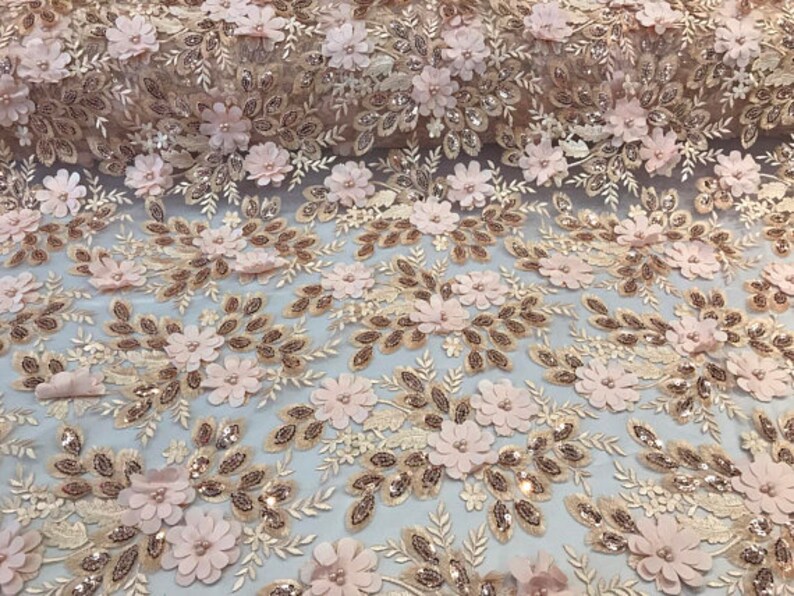 Dress-Bridal-Decorations 3D Dreamy Floral Pearl Lace Sequins On Mesh Fabric By The Yard Used For FREE SHIPPING!!! Peach Blush