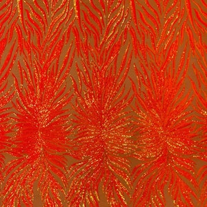 Iridescent Feather Design With Sequins Embroider on a Orange 4 Way Stretch Mesh Fabric-Sold by the Yard. Neon Orange