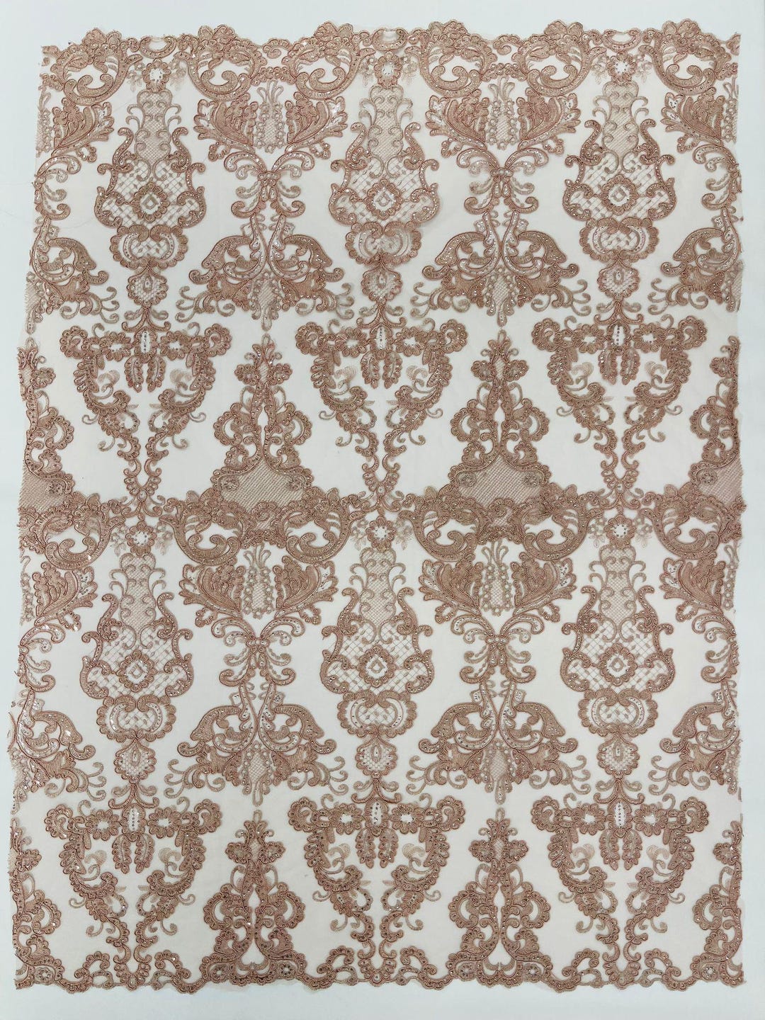 DIAMOND WHITE DAMASK LACE EMBROIDERY ON A TEXTURE MESH-BY YARD. main image 1
