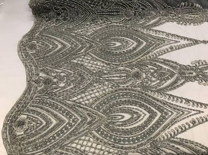 Dress-Accessories-Bridal-Nightgown-Prom FREE SHIPPING!!! Geometric Diva Heavy Beaded On Mesh Fabric By The Yard Used For Gray