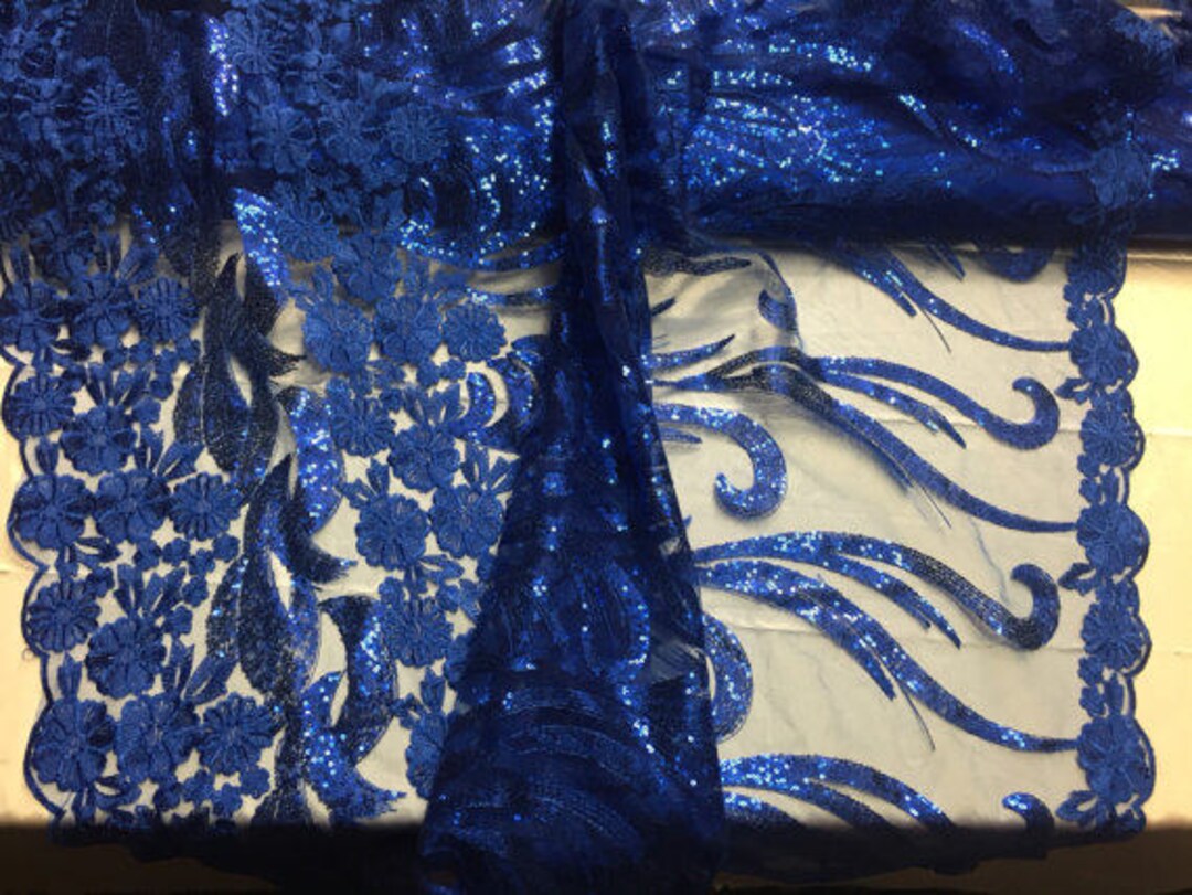 Royal blue Autumn Dance Flowers Embroider With Sequins On A mesh lace sold by the yard main image 1