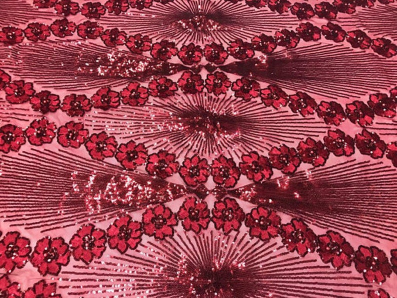 Diamond Floral Splendor Sequins On Stretch Mesh Fabric By The Yard Used For Dress-Bridal-Decorations Burgundy FREE SHIPPING!!!