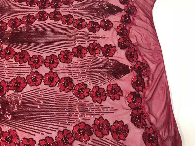 Diamond Floral Splendor Sequins On Stretch Mesh Fabric By The Yard Used For Dress-Bridal-Decorations Burgundy FREE SHIPPING!!!