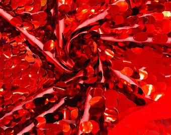 Red Iridescent Jumbo Sequins Oval Sequin Paillette/Tear Drop Mermaid Big Sequins Fabric on Red Mesh