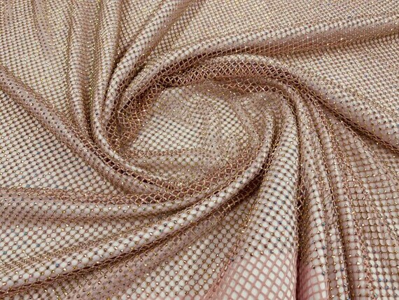 Iridescent Rhinestones on Soft Stretch Fish Net Fabric 45 Wide sold by the  Yard. Dusty Rose 