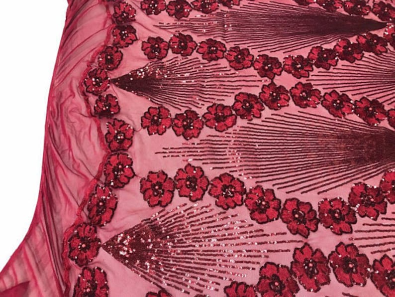 Diamond Floral Splendor Sequins On Stretch Mesh Fabric By The Yard Used For Dress-Bridal-Decorations Burgundy FREE SHIPPING!!!