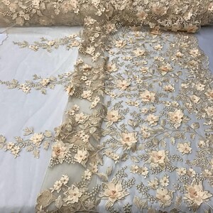 3D Embroidery Floral Stars Lace on Mesh Fabric With Pearls by the Yard ...